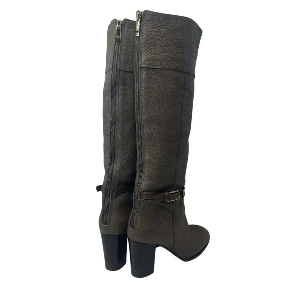Pre-Loved Taupe Leather Riding Boots Block Heel Back Zip Tall Heritage Style 8.5
